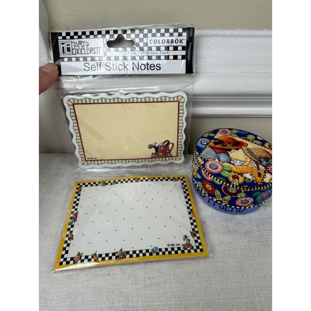Mary Engelbreit Stationery Set Round Box and 2 Pack Self Stick Notes 2004